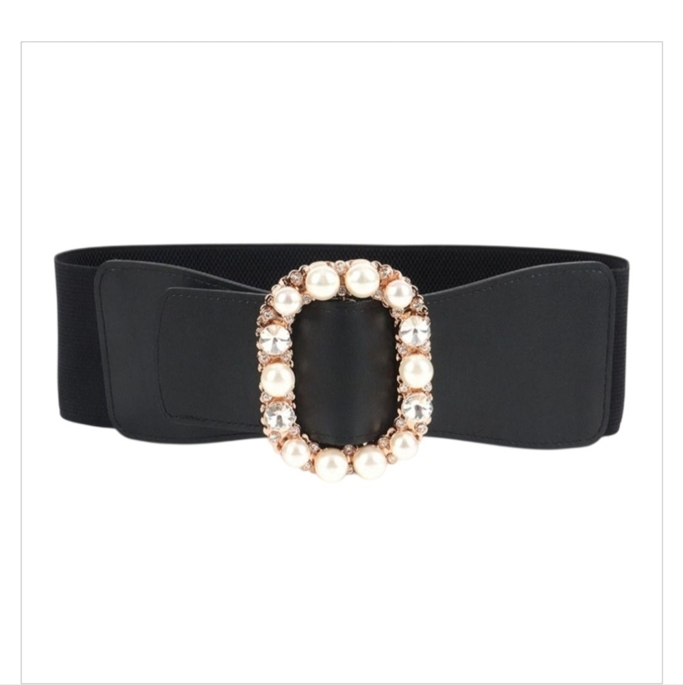 Made with Love Pearl Rhinestone Vegan Elastic Belt